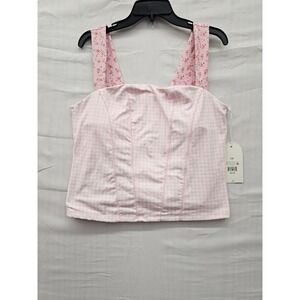 Blogilates Tiny Bows Corset Tank Pink Gingham Floral Lace Up Top 1X New
